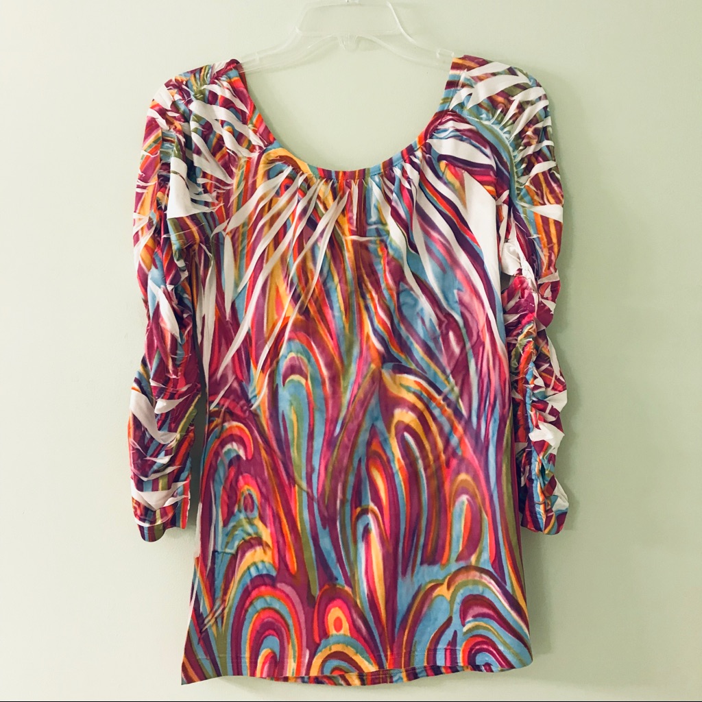 Tie Dye Print 1970s Style Ladies Slinky Blouse